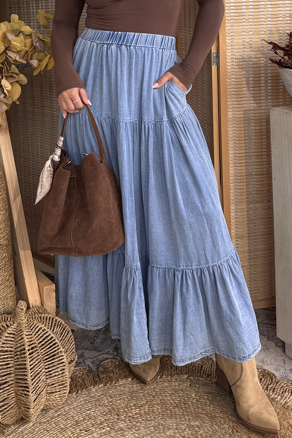 Black Elastic Waist Ruffled Tiered Flared Denim Maxi Skirt