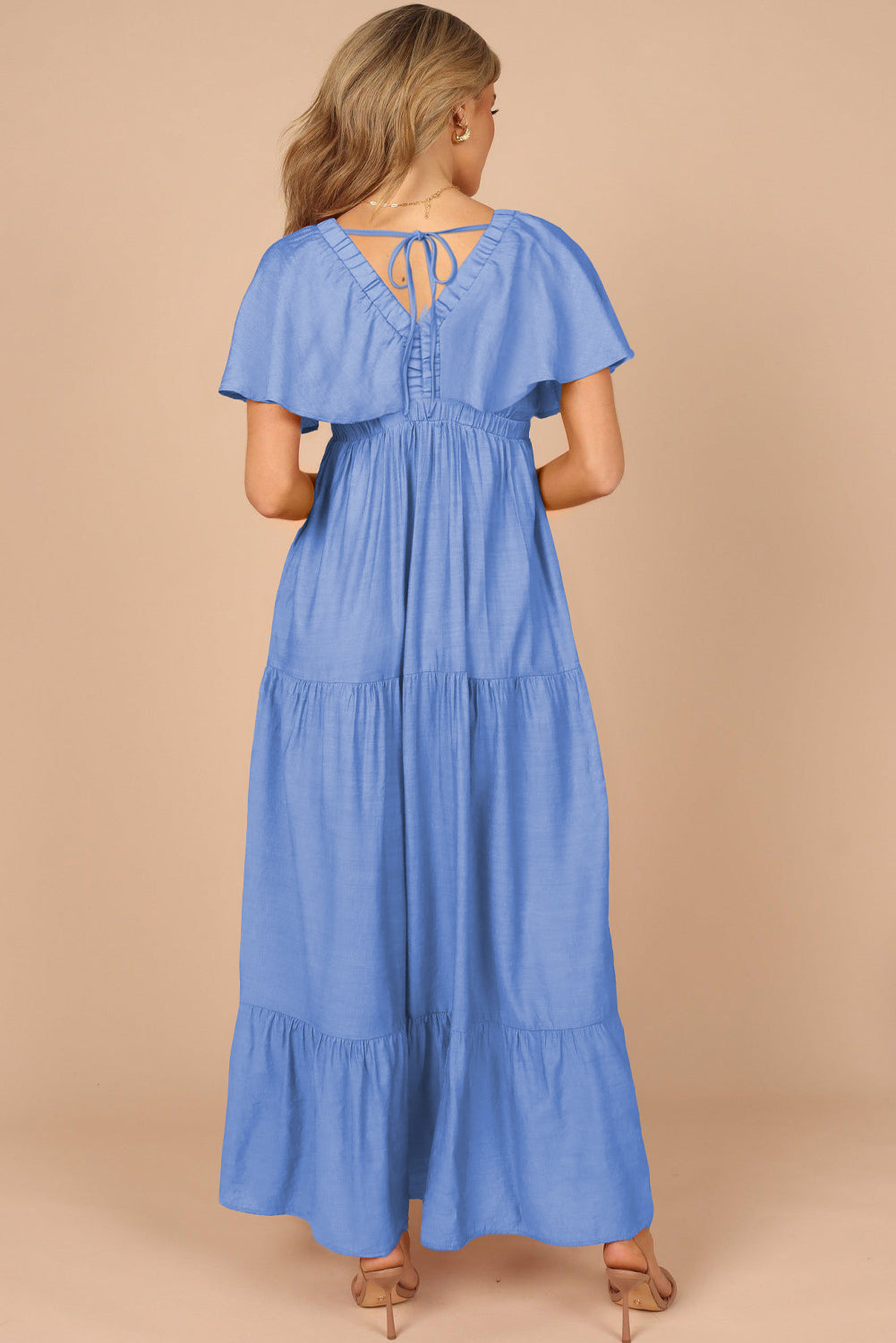 Sky Blue Textured V Neck Flutter Sleeve Ruffled Maxi Dress