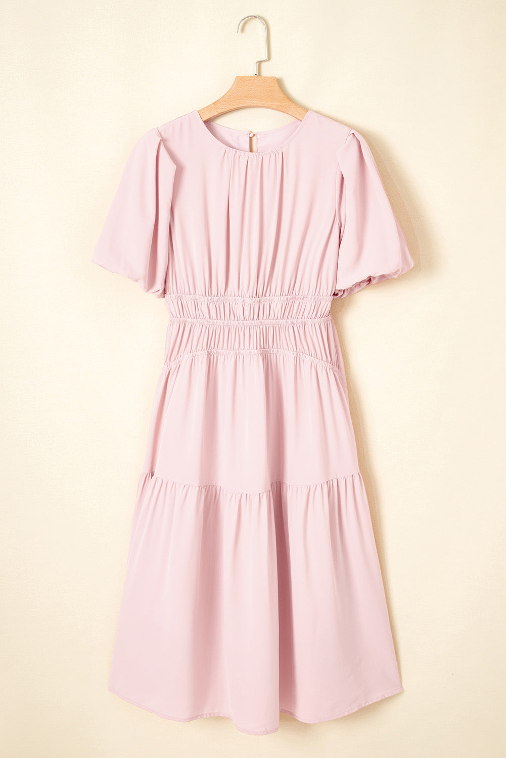 Pink Puff Sleeve High Waist Flowy Midi Dress