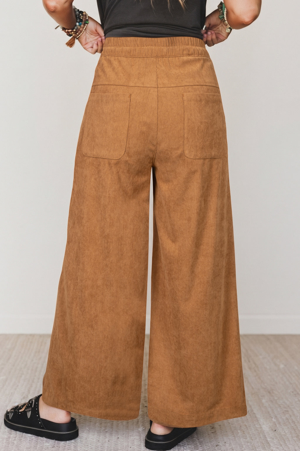 Thai Curry Elastic Waist Wooden Button Placket Ankle Length Wide Leg Pants