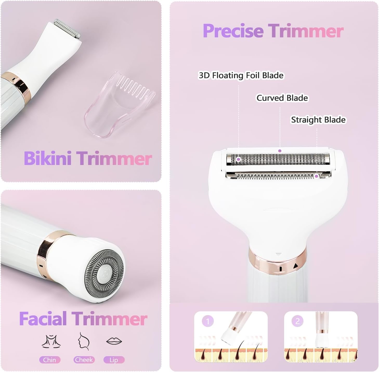 Electric Razor for Women, Bikini Trimmer 5 in 1 Electric Shavers Razors IPX6 Waterproof Wet/Dry Body Shaver for Face Nose Eyebrow Arms Armpit Legs Pubic Area Painless Replaceable Facial Hair Removal