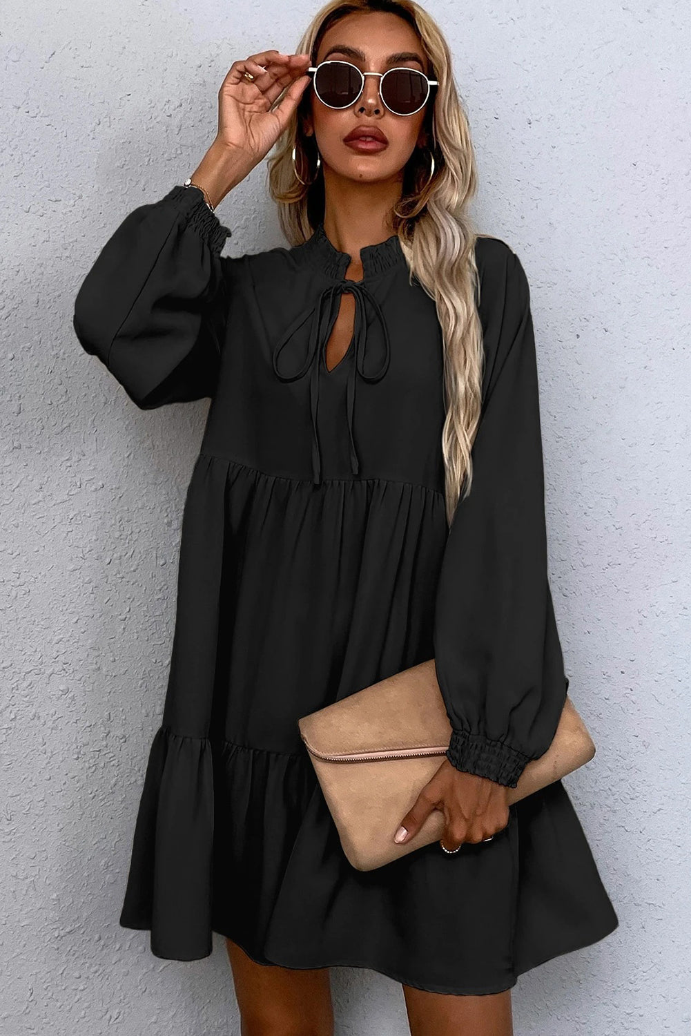 Black Tie Split Neck Smocked Detail Puff Sleeve Ruffle Hem Loose Dress