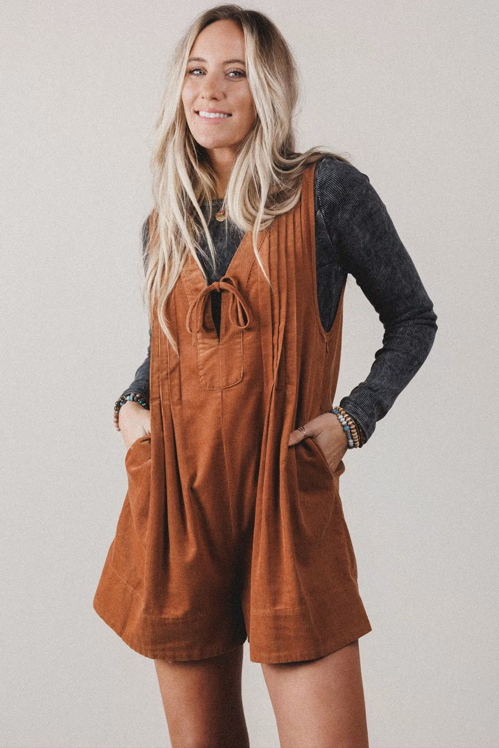 Cinnamon Solid Color Tie V Neck Sleeveless Corduroy Romper