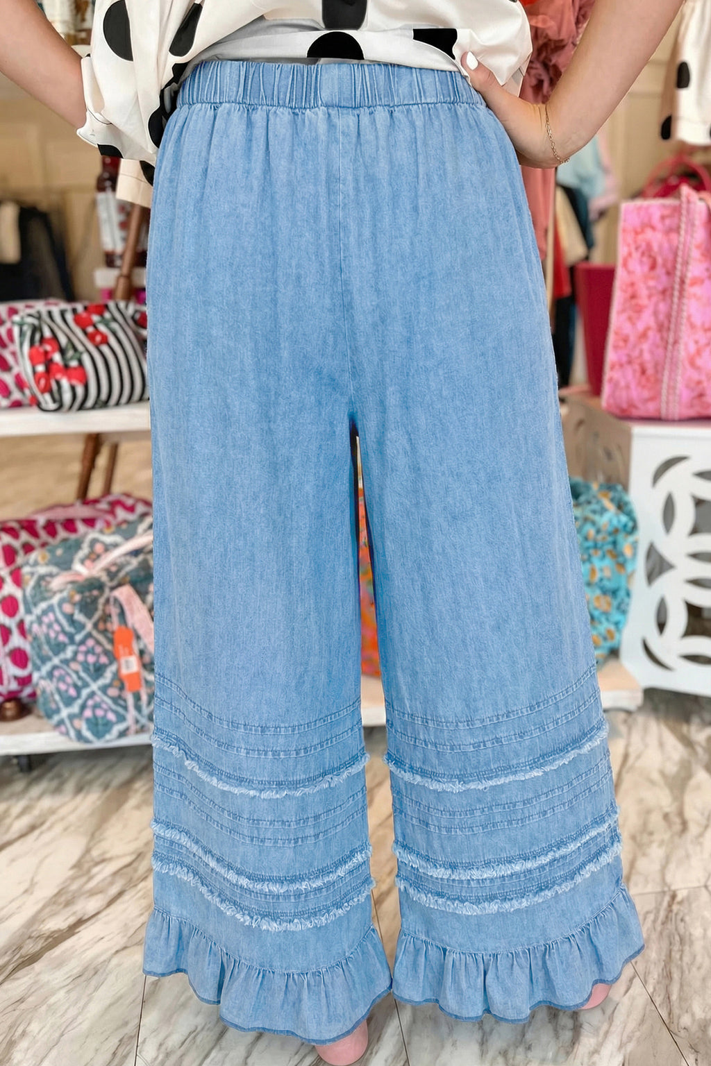 Dusk Blue Ruffled Hem Wide Leg Chambray Pants