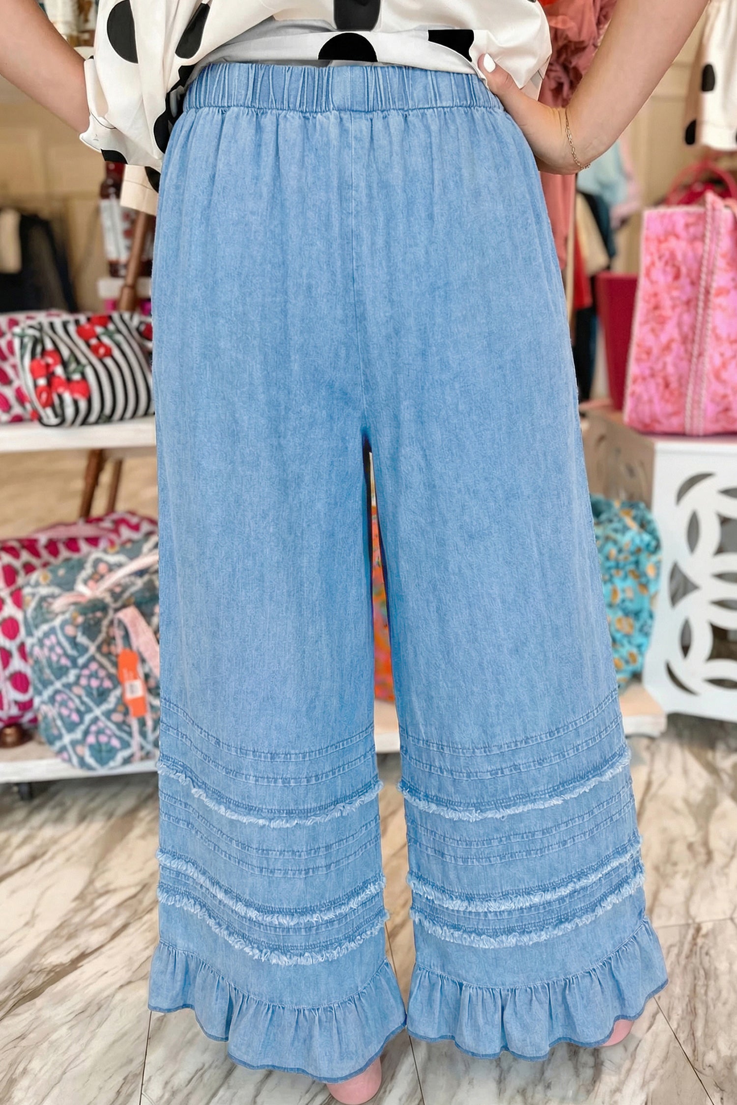 Dusk Blue Ruffled Hem Wide Leg Chambray Pants