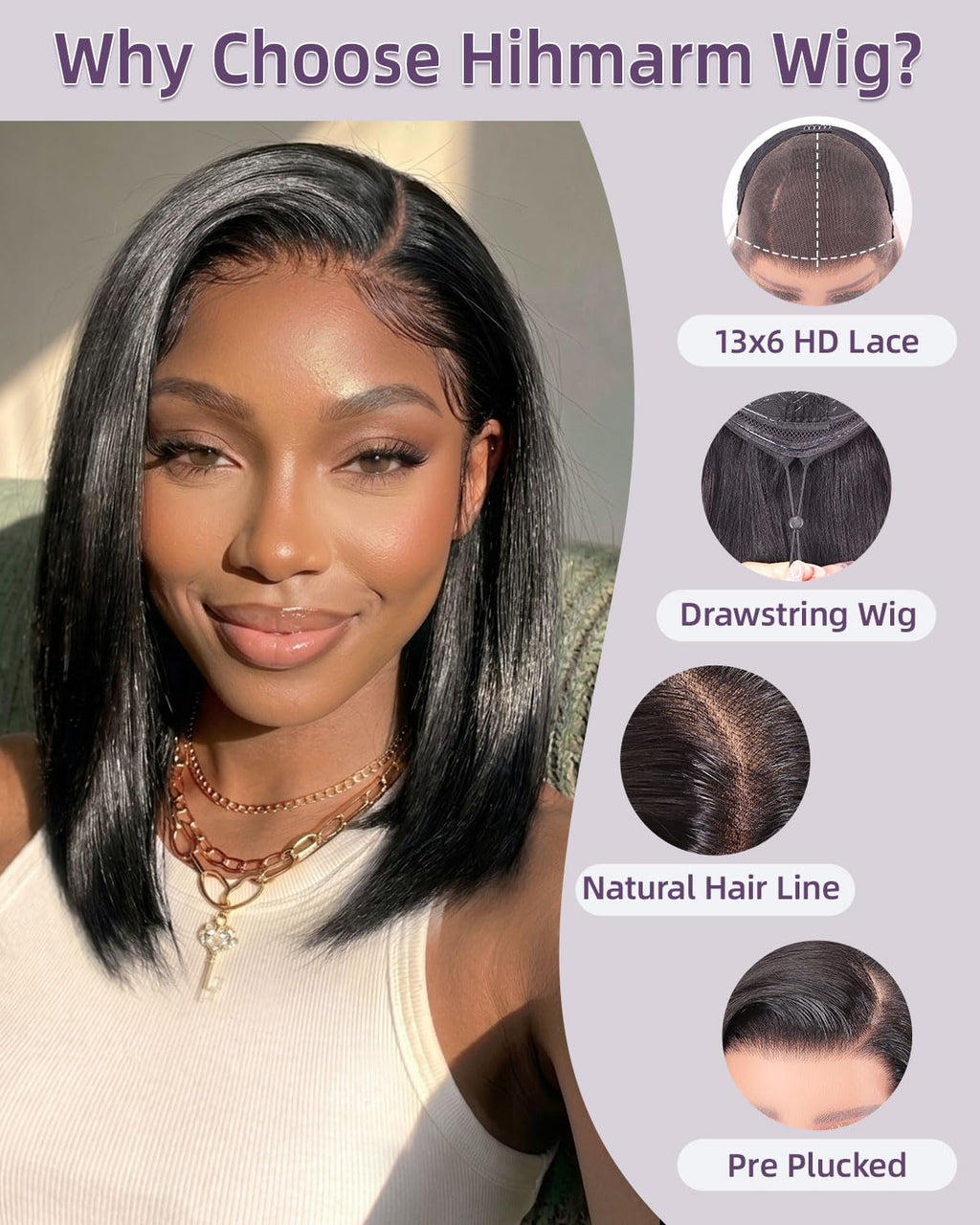 Drawstring Bob Wig Human Hair 13X6 HD Transparent Lace Frontal Wigs Human Hair Pre Plucked Short Bob Wigs for Black Women 180% Density Straight Glueless Wig Natural Color 14 Inch
