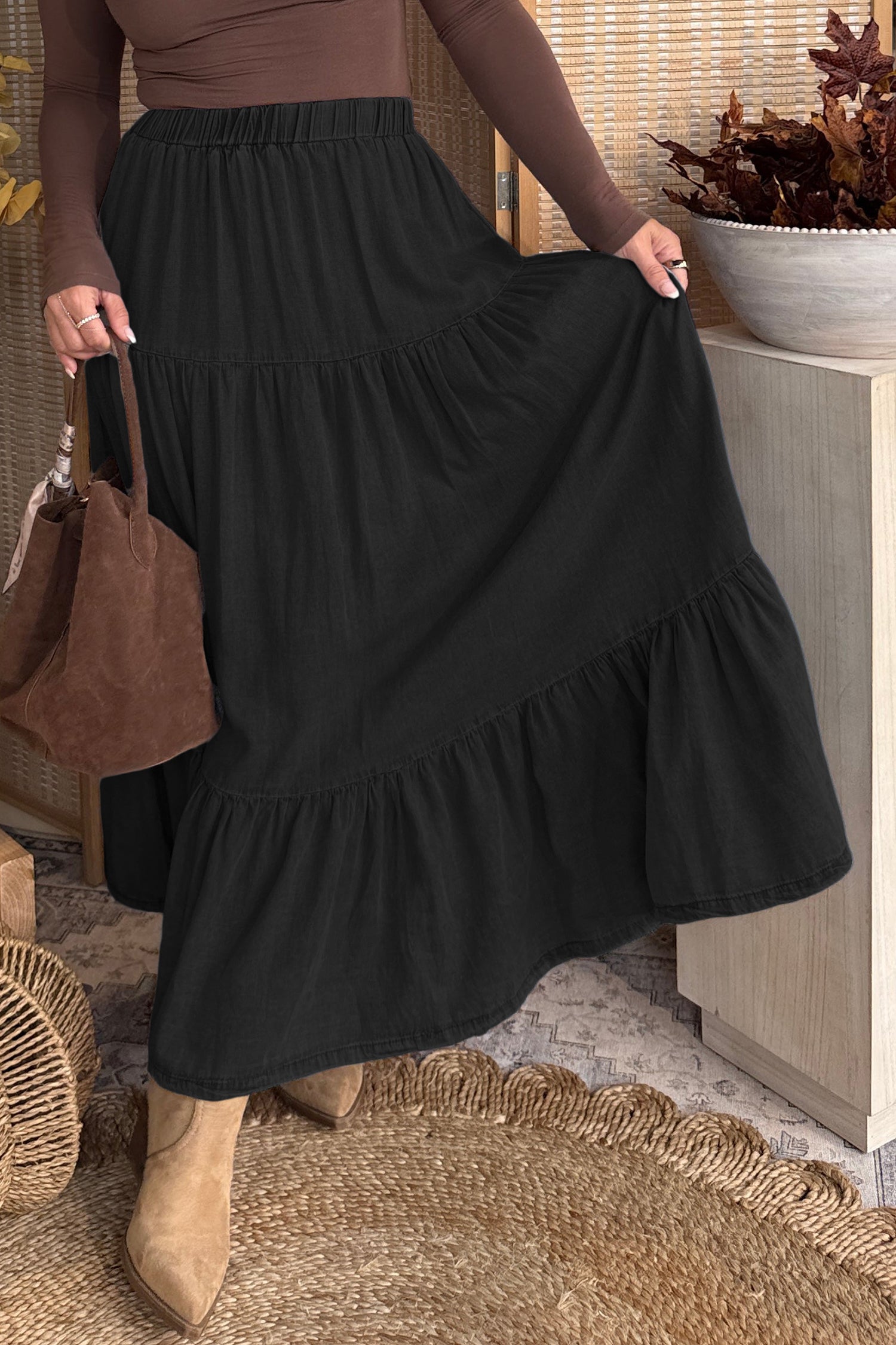 Black Elastic Waist Ruffled Tiered Flared Denim Maxi Skirt