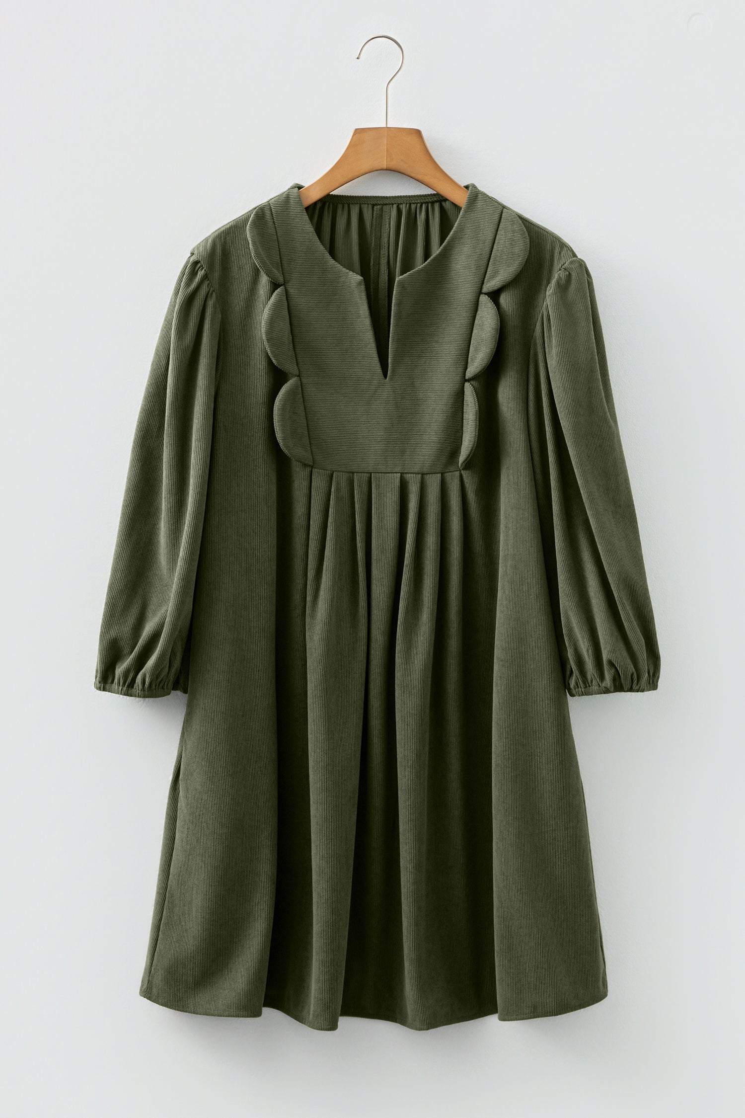 Cinnamon Split Neck Scallop Detail Pleated Corduroy Mini Dress