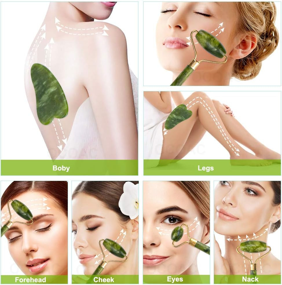 Jade Roller & Gua Sha Set 5 in 1 Facial Massager Tools - Jade Gua Sha Facial Massager Set with Roller for Face Sculpting & Skin Care