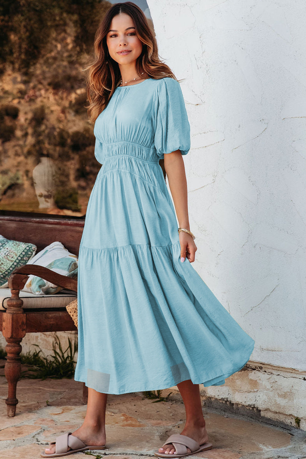 Pink Puff Sleeve High Waist Flowy Midi Dress