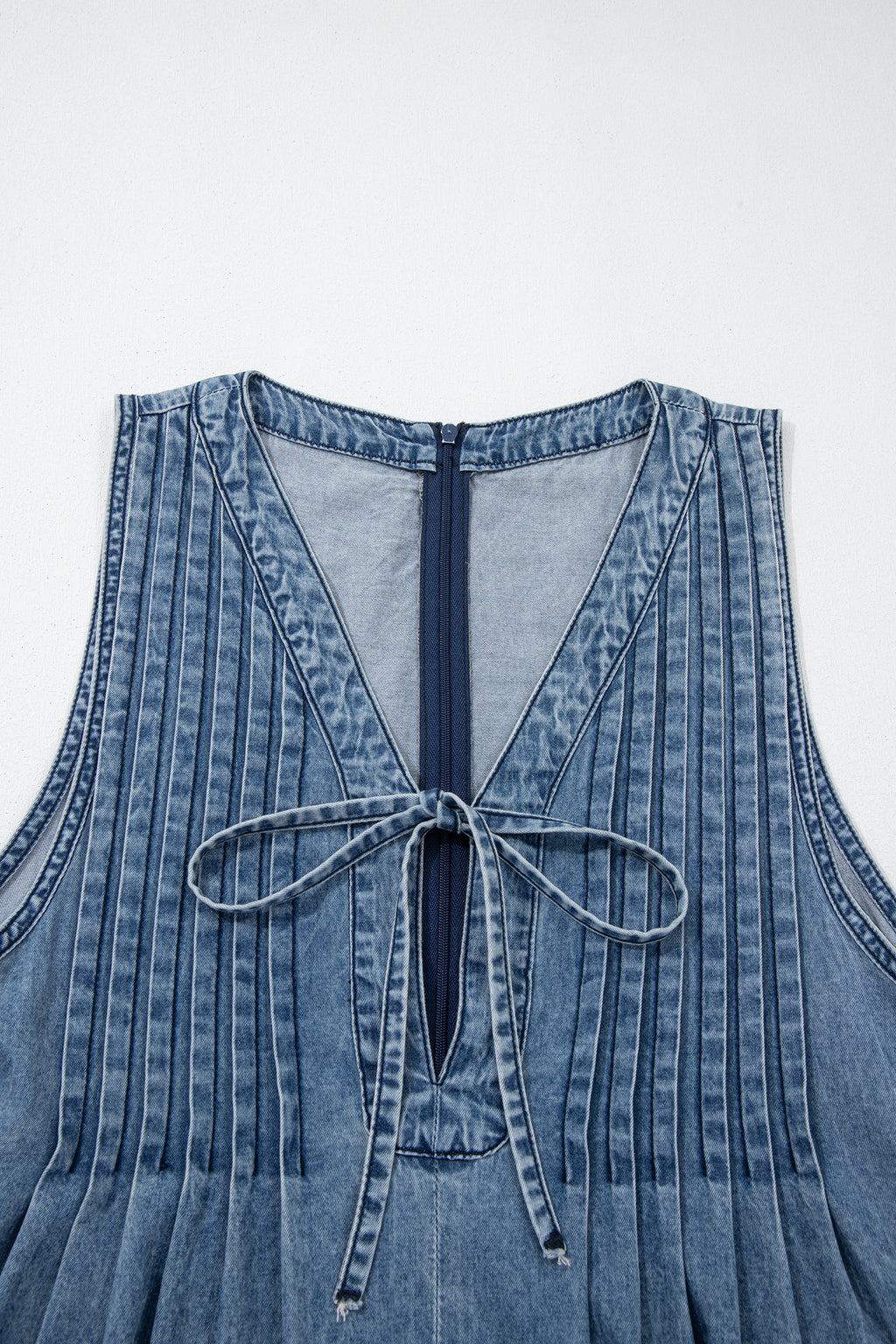 Dusk Blue Acid Wash Pintuck Tie V Neck Denim Wide Leg Jumpsuit