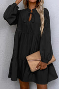 Black Tie Split Neck Smocked Detail Puff Sleeve Ruffle Hem Loose Dress