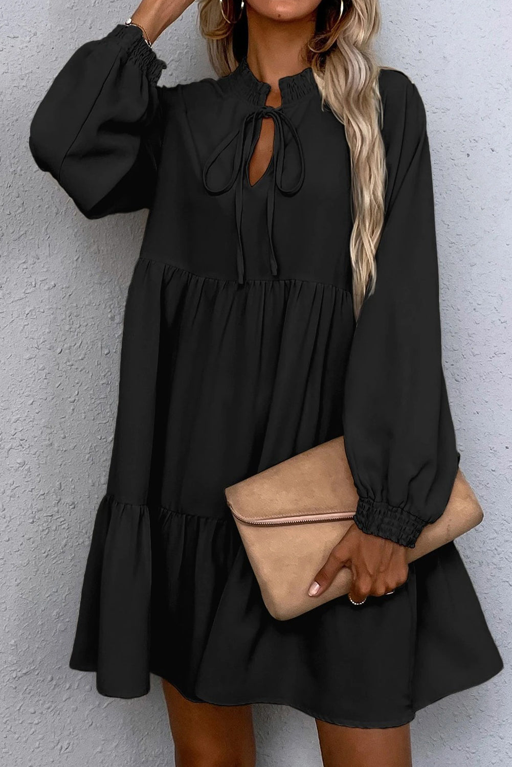 Black Tie Split Neck Smocked Detail Puff Sleeve Ruffle Hem Loose Dress