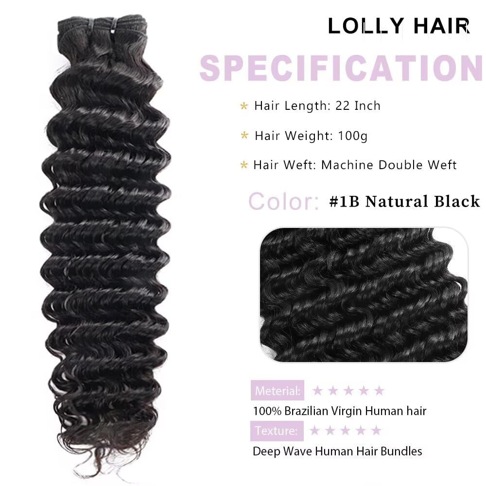 Deep Wave Bundles Human Hair 22 Inch 1 Bundle Water Wave Bundles 100% Unprocessed 10A Brazilian Virgin Human Hair Wet and Wavy Bundles Double Weft Natural Color
