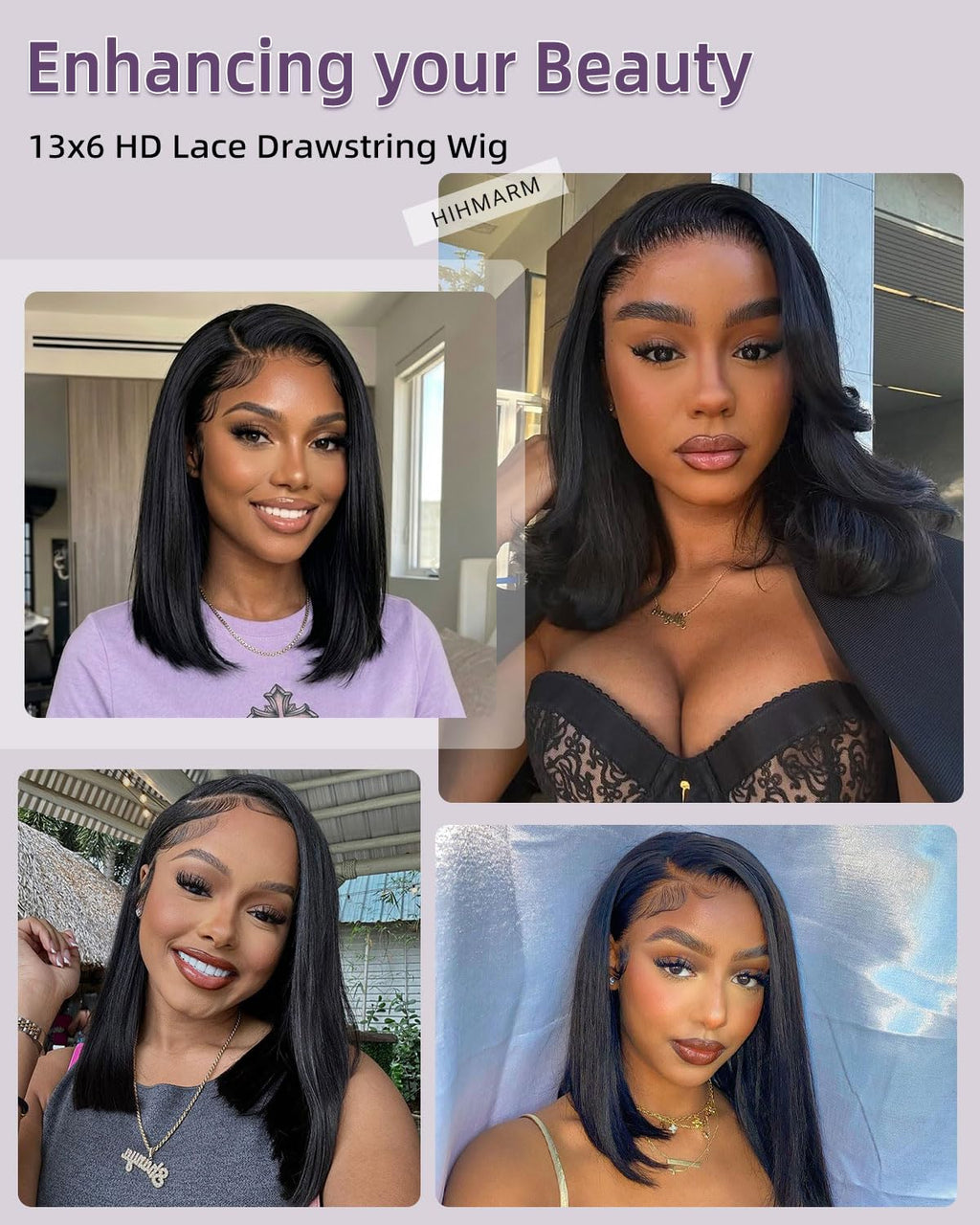 Drawstring Bob Wig Human Hair 13X6 HD Transparent Lace Frontal Wigs Human Hair Pre Plucked Short Bob Wigs for Black Women 180% Density Straight Glueless Wig Natural Color 14 Inch