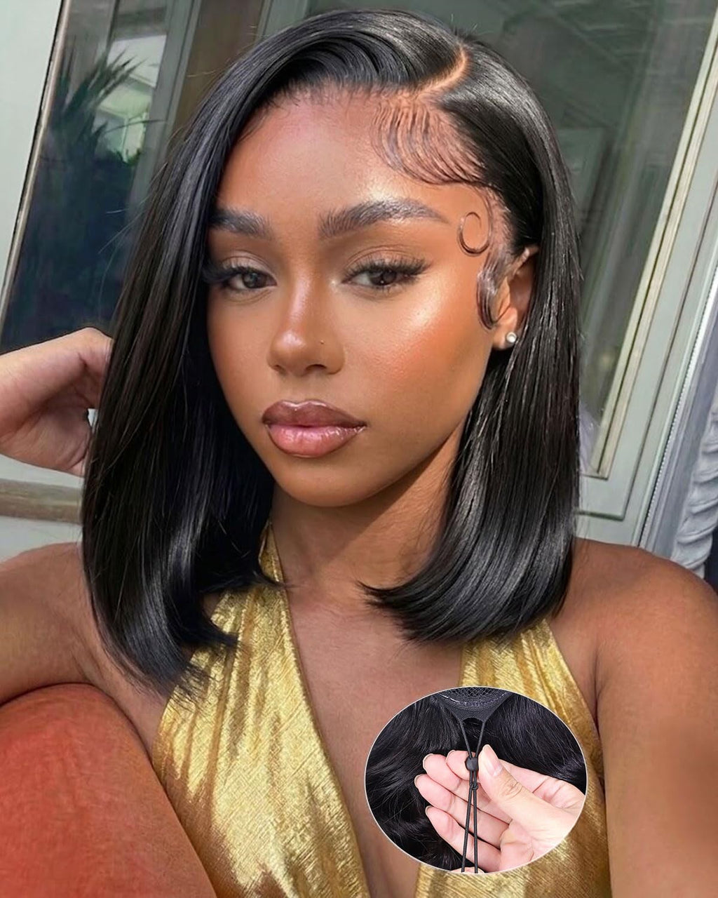 Drawstring Bob Wig Human Hair 13X6 HD Transparent Lace Frontal Wigs Human Hair Pre Plucked Short Bob Wigs for Black Women 180% Density Straight Glueless Wig Natural Color 14 Inch