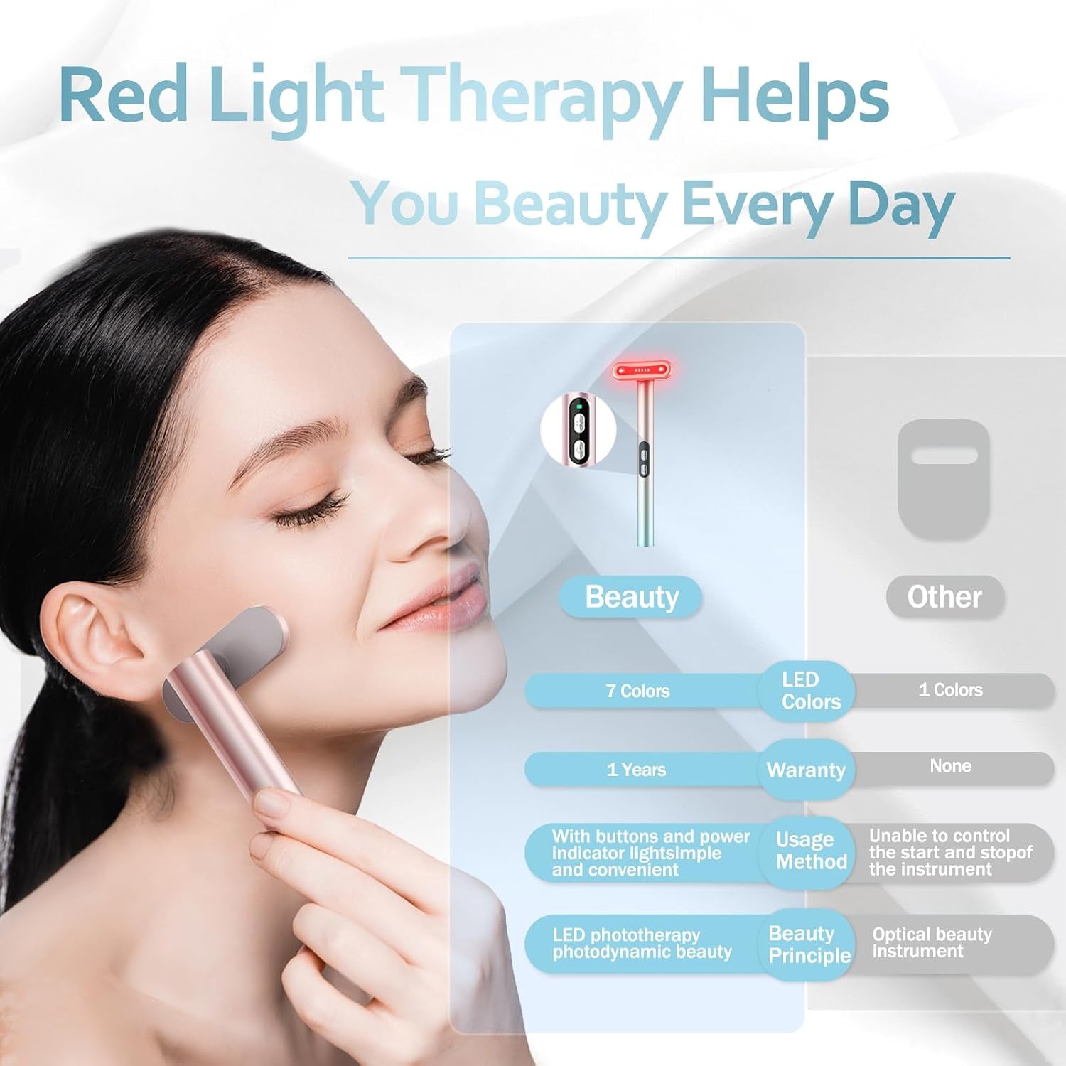 Red-Light-Therapy，Led Facial Light Therapy 7 Colors Eye Beauty Wand Face Massager Red for Skincare & Blue Rejuvenation Tool