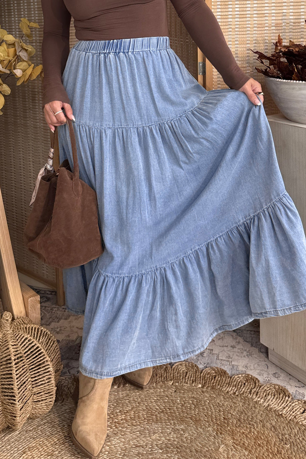 Black Elastic Waist Ruffled Tiered Flared Denim Maxi Skirt